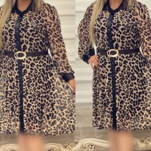 پیراهن کوتاه پلنگی یقه چرم